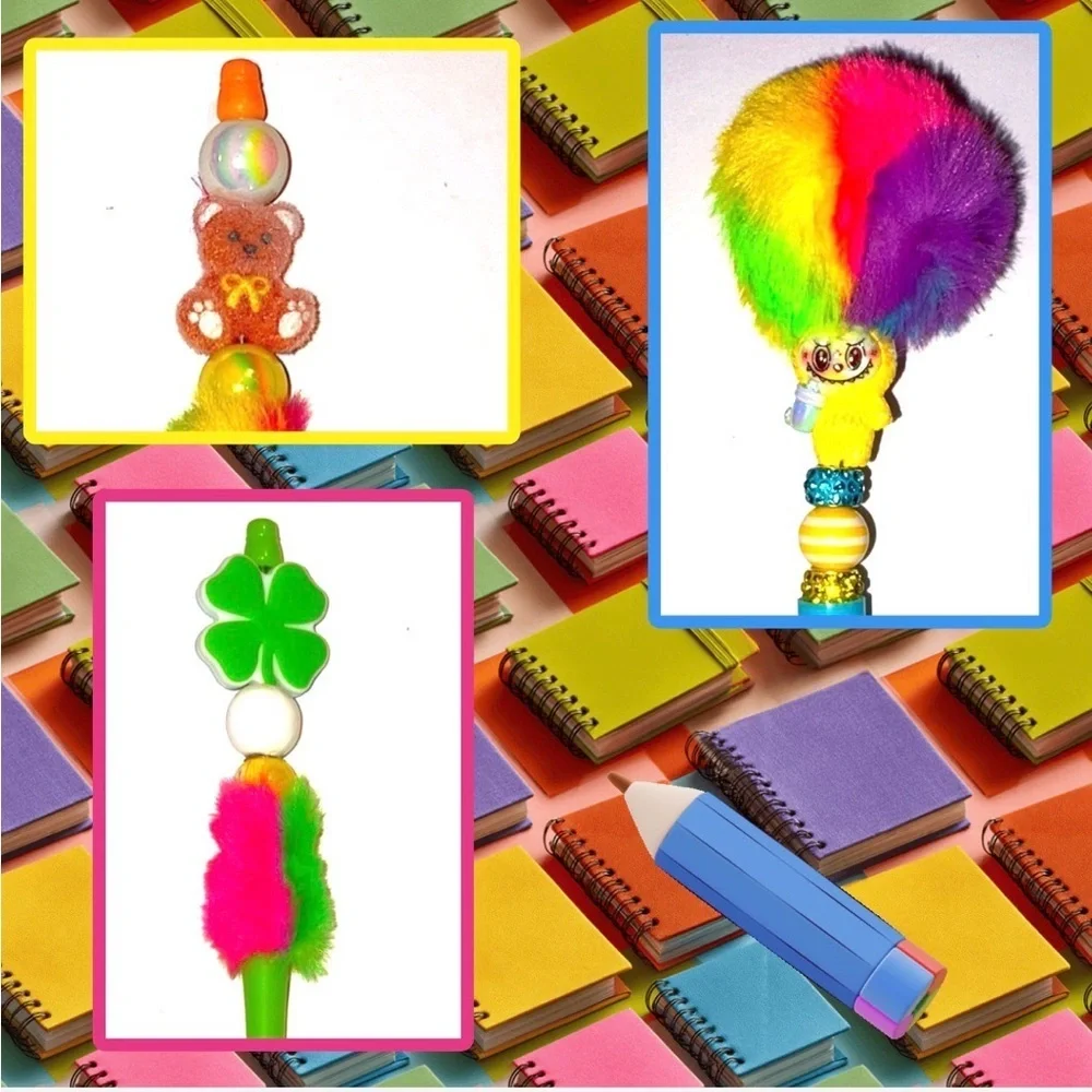 💋🆕💋Lafufu Clover and Bear Rainbow Plush Top DIY Pen Set Of 3